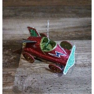 Retro Glitter Rocket Racecar Ornament